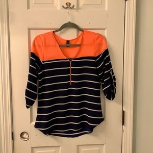 Women’s Petite Small Navy white striped w coral blouse